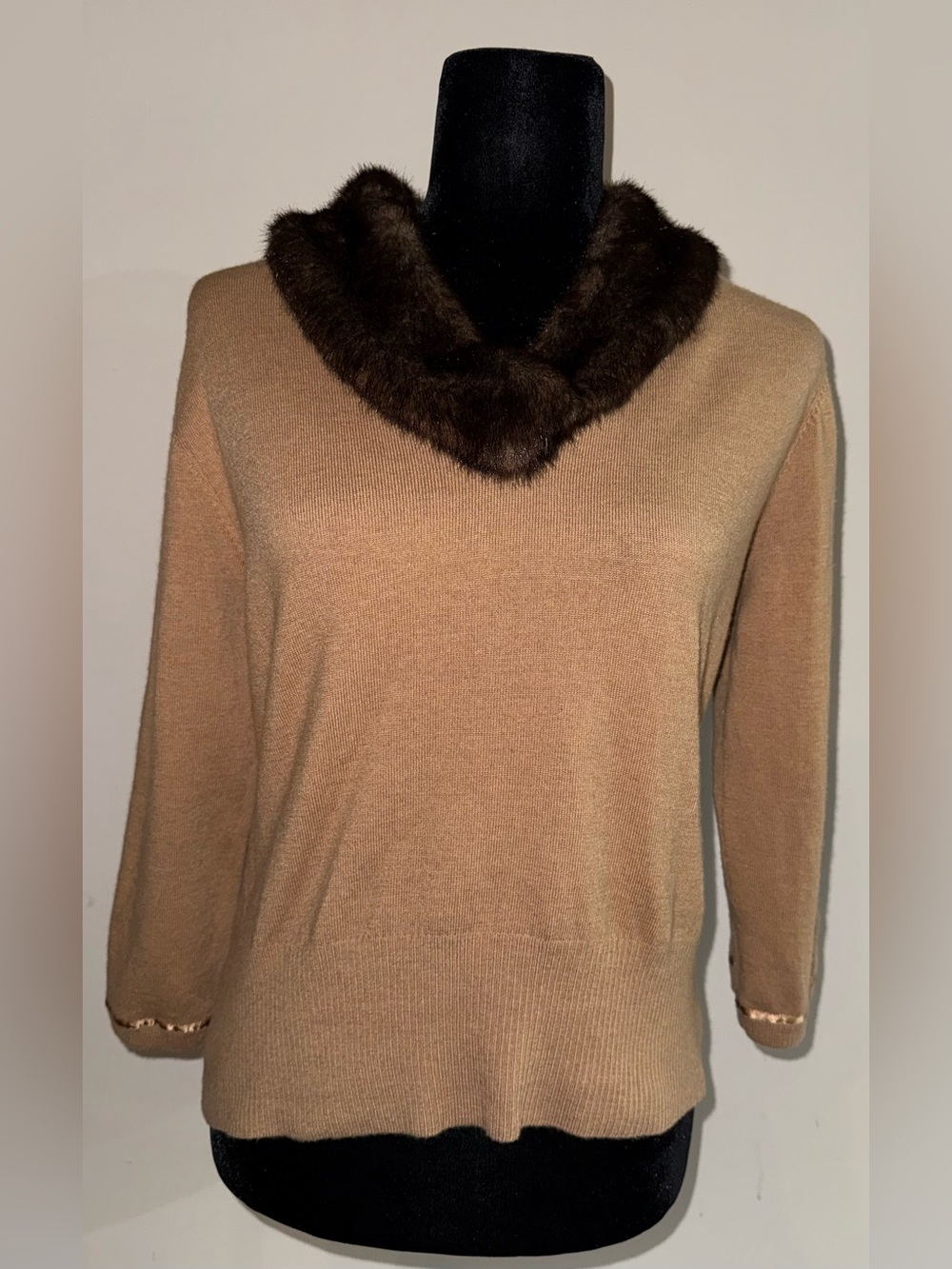 Willi Smith Merino Wool Camel Knit Sweater Faux Fur Collar L
